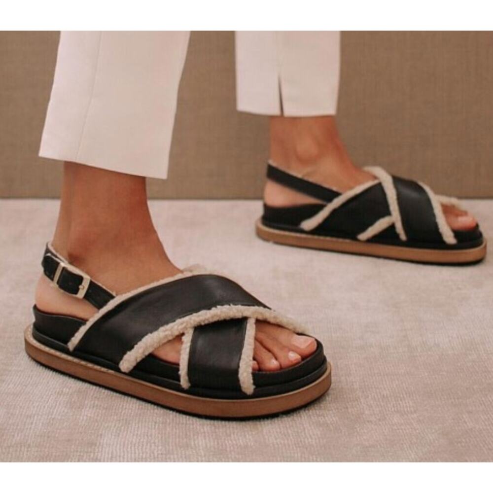 Alohas Marshmallow Sandal Black Leather with Cream Shearling Size 36